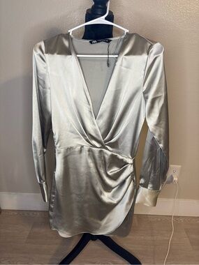 Zara Silver Satin Wrap Mini Dress Size XS NWOT